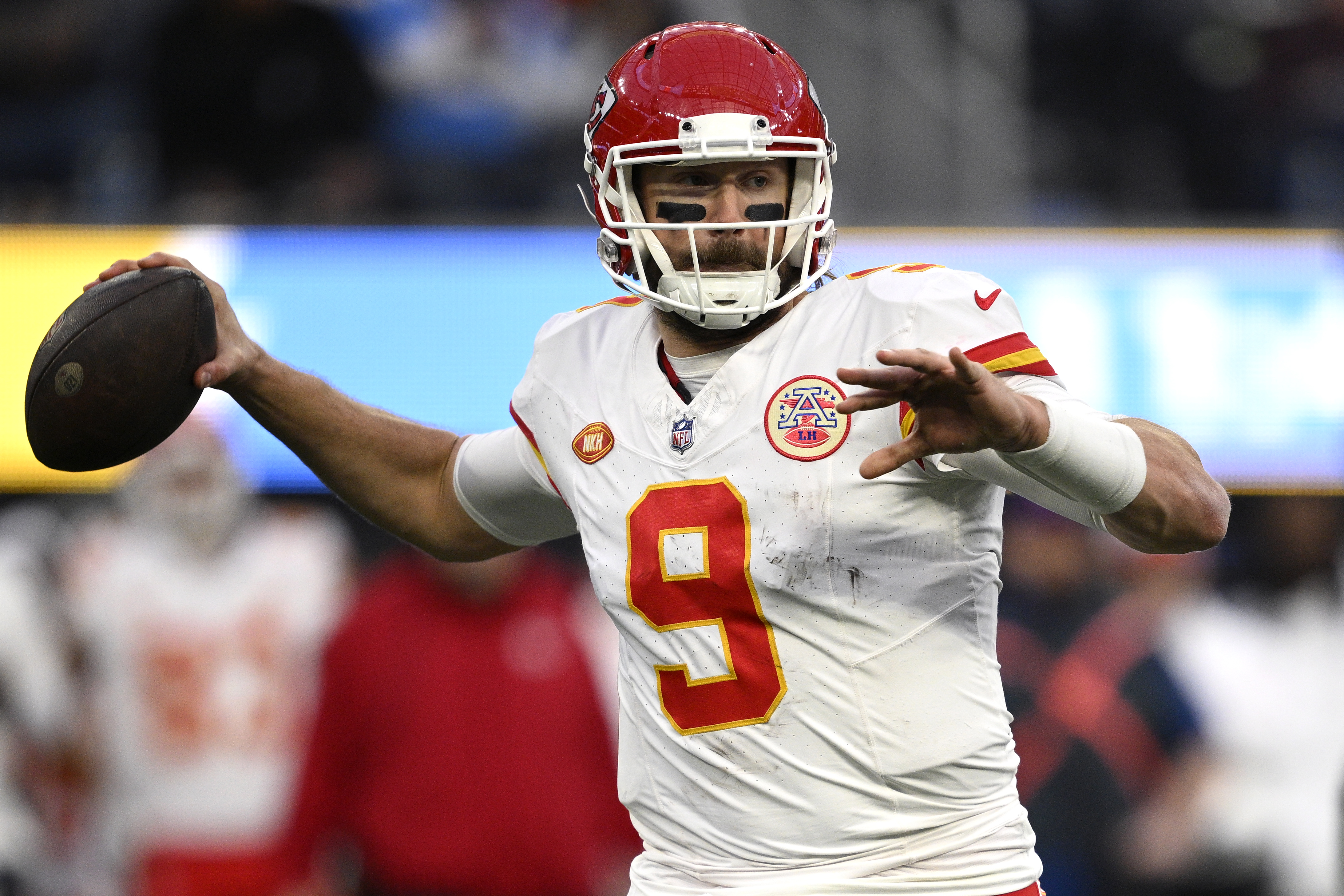 Kansas City Chiefs quarterback Blaine Gabbert (9) throws a pass against the Los Angeles Chargers during the second half at SoFi Stadium.